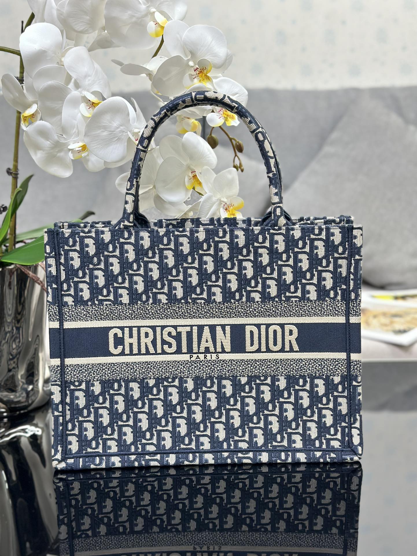 Medium Dior Book Tote Bag Ecru and Blue Dior Oblique Embroidery